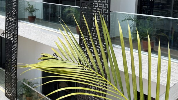 A modern building with a glass balcony, decorative black panels, and potted plants. - AIKU LUXURY HOTEL & RESORTS  (Uyo)
