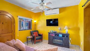 TV connectée, cheminée, livres