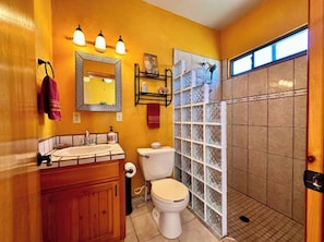 Douche, sèche-cheveux, serviettes fournies, savon