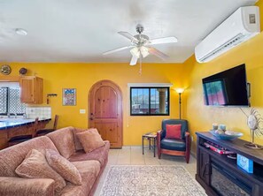 Smart TV, lareira, livros