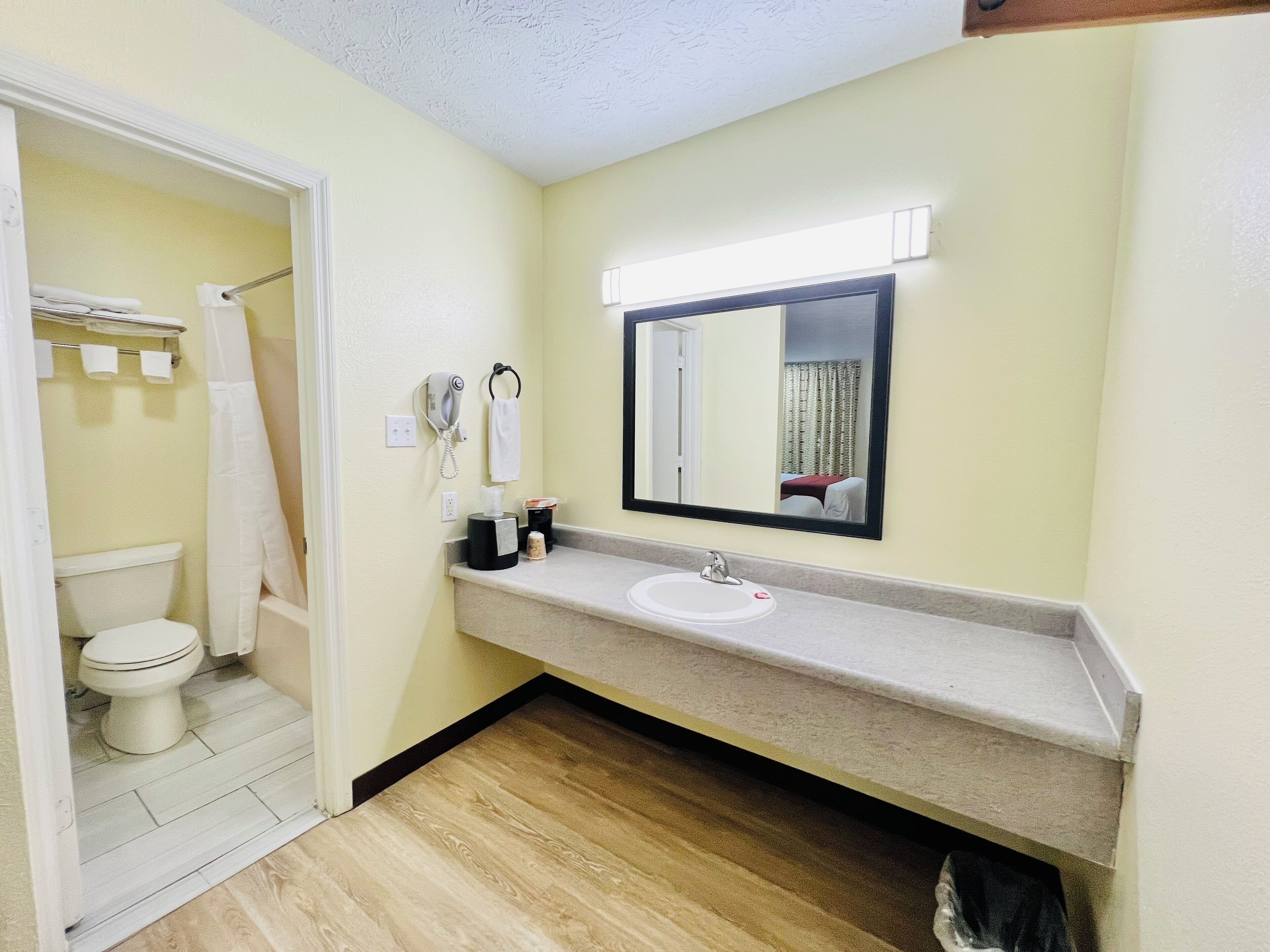 Une salle de bain avec des toilettes, un lavabo et un miroir.