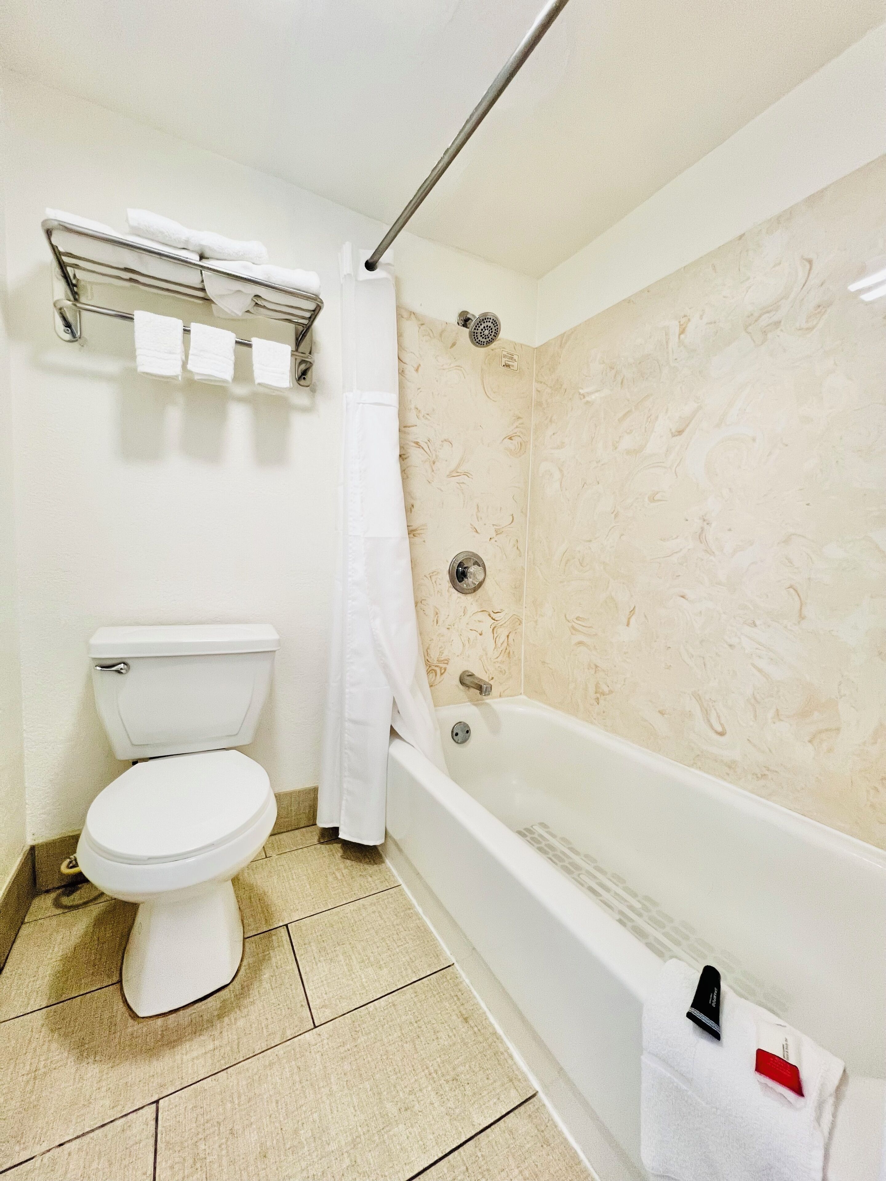 A bathroom with a toilet, a bathtub, and a shower.