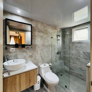 Hair dryer, towels, soap, toilet paper