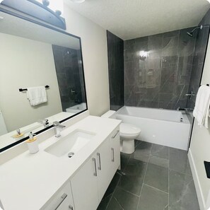 Hair dryer, towels, toilet paper