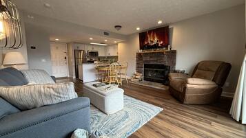 Smart TV, fireplace, foosball, table tennis