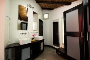 Hair dryer, bidet, towels, soap