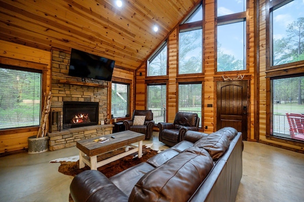 Cabin, Multiple Beds, Hot Tub, Garden View (Sugar Mama) | Living area | 55-inch flat-screen TV with digital channels, fireplace