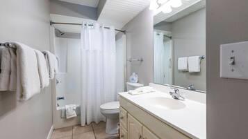 Hair dryer, towels, soap, shampoo
