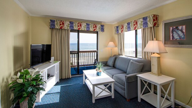 A hotel room with a television, a sofa, a coffee table, and a plant.