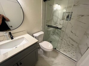 Hair dryer, towels, toilet paper