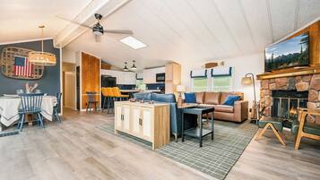 Smart TV, fireplace, books