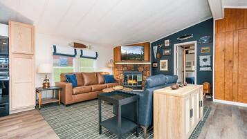 Smart TV, fireplace, books