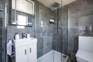 A modern bathroom with a glass shower enclosure, a white sink, and a toilet.