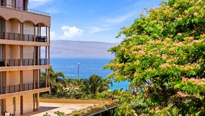 A multi-story building with balconies overlooking a coastal view.