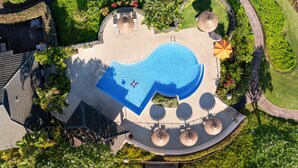 An aerial view of a swimming pool surrounded by a landscaped area with pathways, seating, and tropical plants.