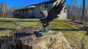 A bird sculpture on a rock in front of a house with a porch. - Hiking,canoeing,fishing,close to atv,utv trails (Madrid)