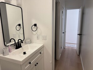 Hair dryer, towels, soap, toilet paper