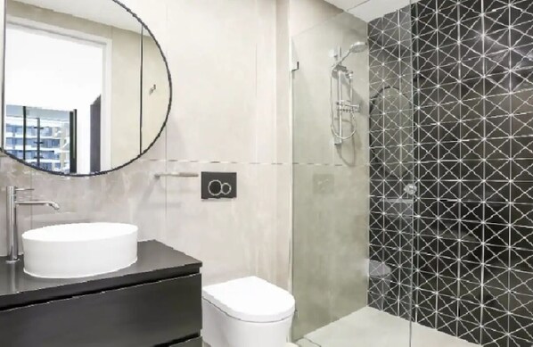 Hair dryer, towels, soap, toilet paper