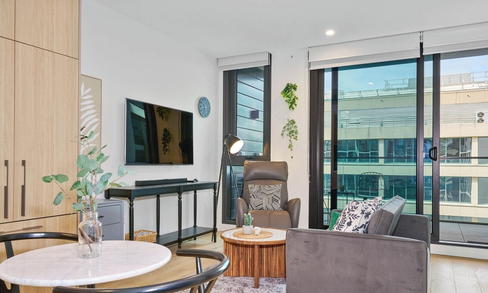 Cozy sofa and inviting dining setup