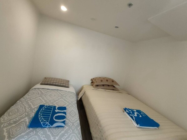 A small room with two single beds, each with a patterned bedspread and a pillow. - 3 Double 1 Single 2 Sofa Beds apartment (Auckland)