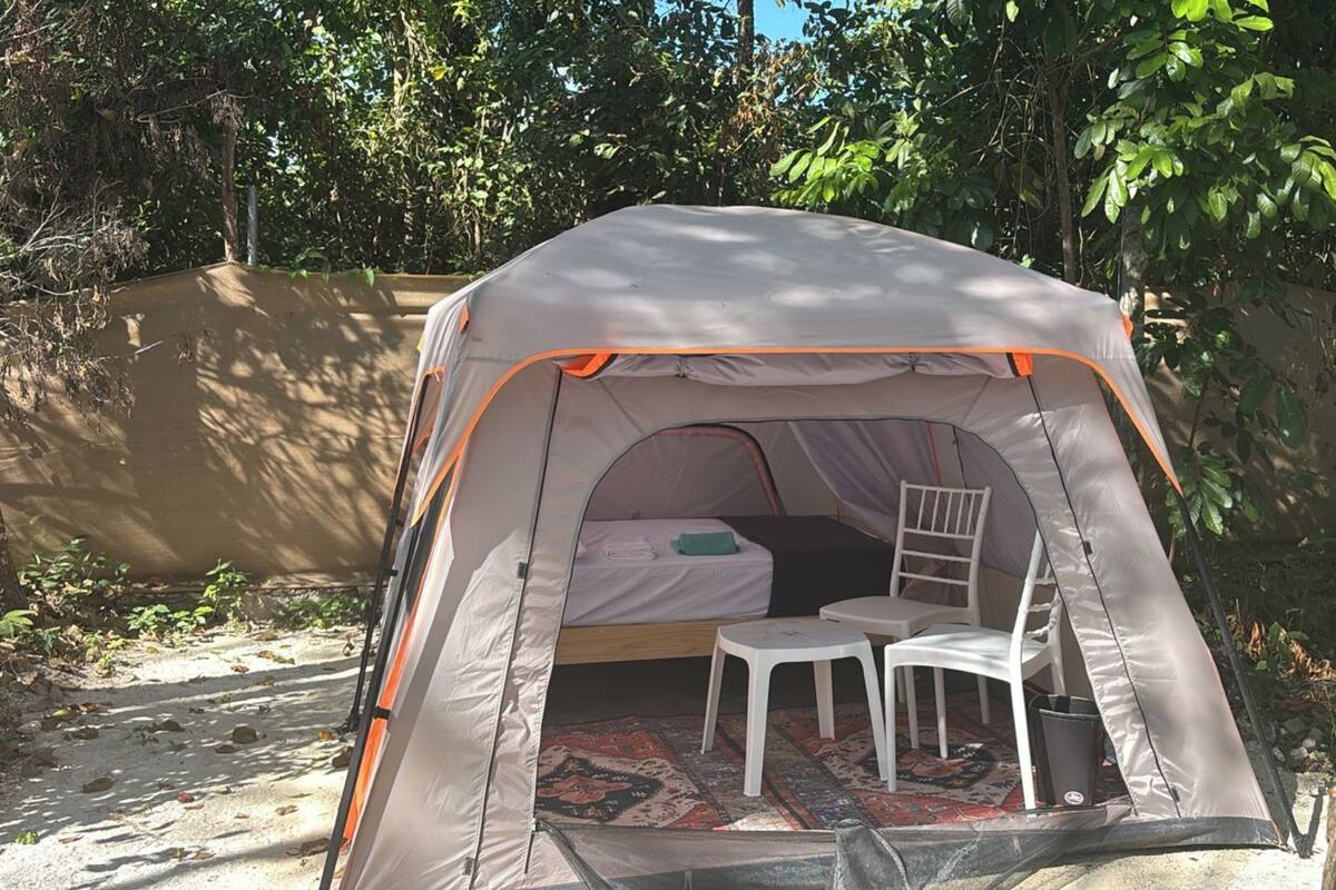 A tent with a bed, a chair, and a small table.