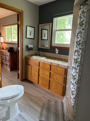 Ducha, secador de pelo, toallas y jabón