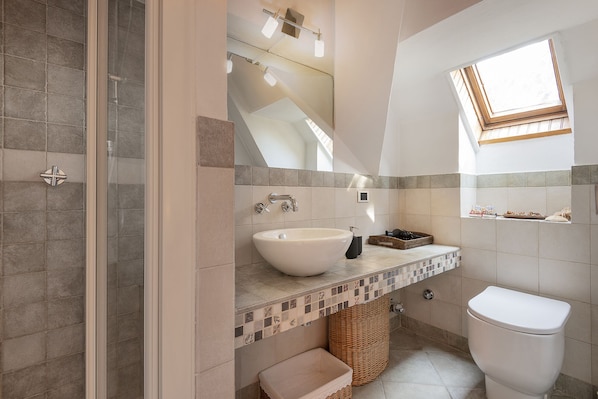 Hair dryer, towels, soap, toilet paper
