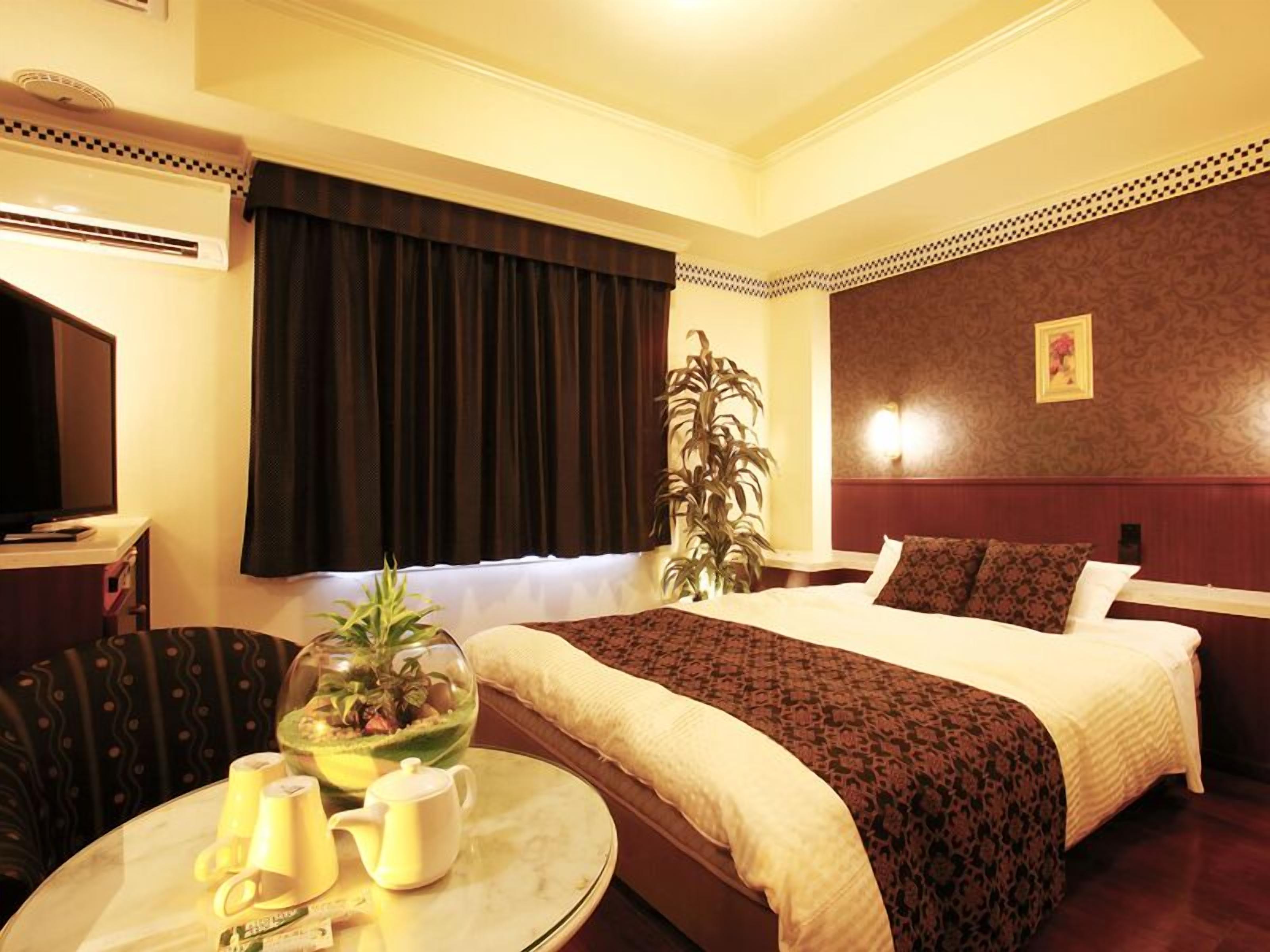 A hotel room with a bed, a desk with a television, a round table with a glass bowl of fruit and tea set, and a large potted plant.