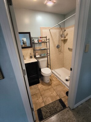 Shower, hair dryer, towels, soap