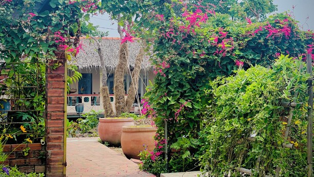A garden pathway with potted plants and a brick wall. - Bình An Village (Phuoc Hau)