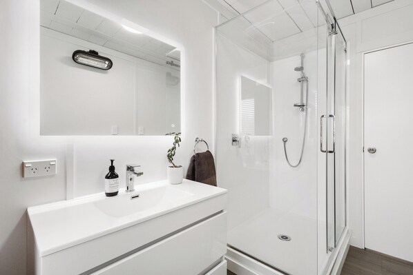Shower, hair dryer, towels, soap