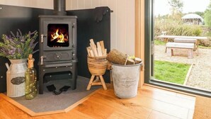 Un intérieur moderne agrémenté d’un poêle à bois, d’une plante en pot, d’un vase et d’une fenêtre donnant sur un espace extérieur aménagé pour se détendre.