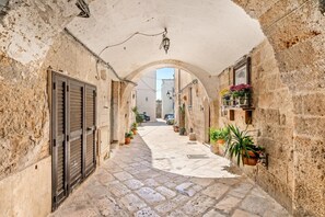 Une ruelle étroite, pavée de pierres, avec des voûtes, des plantes en pot et une vue sur le paysage lointain.