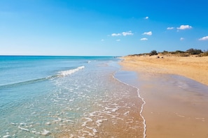 A beach with clear water, sandy shore, and sparse vegetation. - Villa Pescoluse with Private Pool and Sea View, Salve, Italy (Salve)