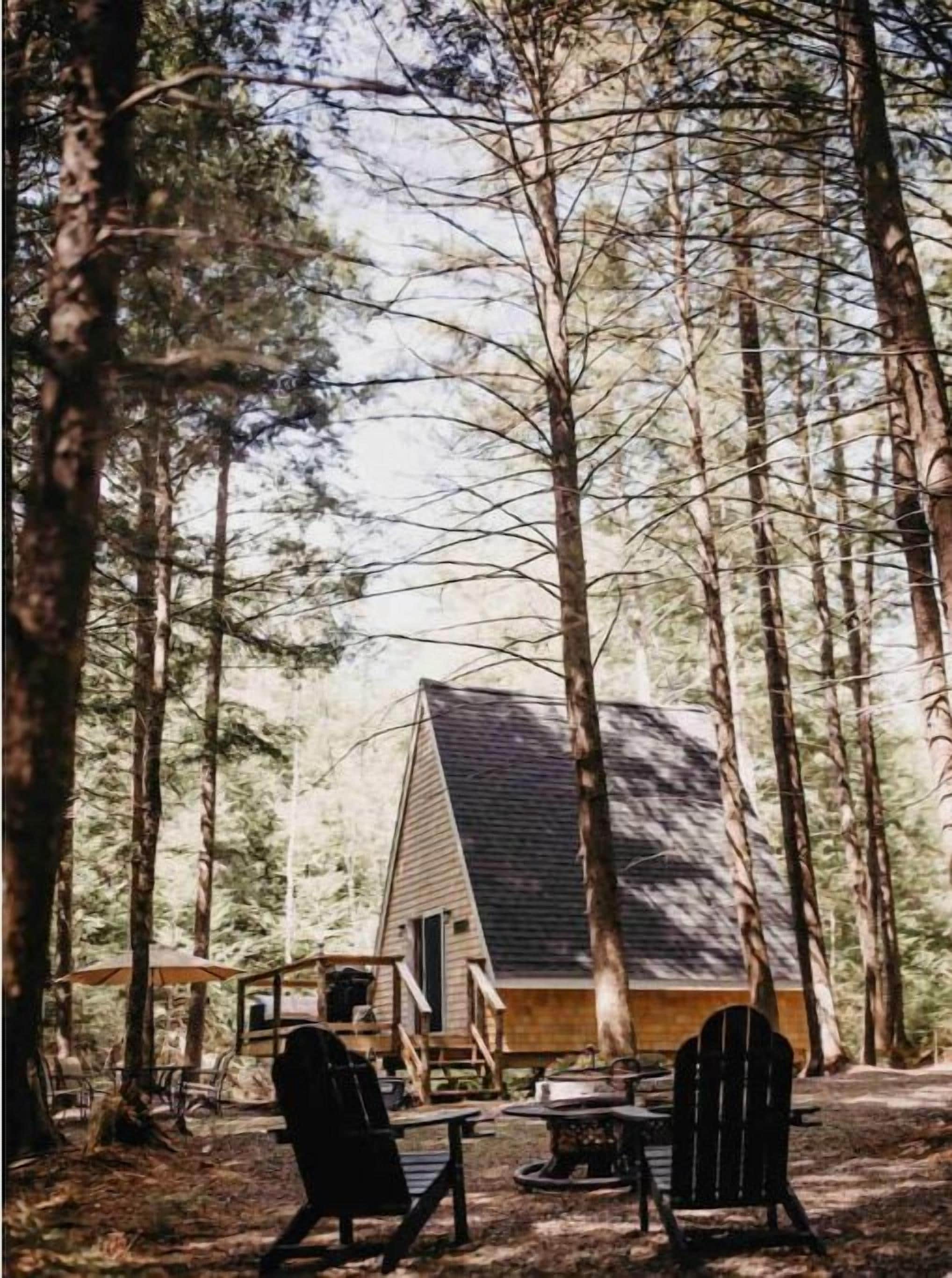 En stuga i en skog med en veranda och utomhusmöbler.