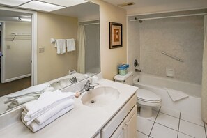 Hair dryer, towels, soap, toilet paper