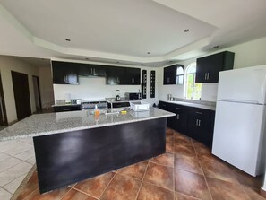 A modern kitchen with black cabinets, a granite countertop, and a white refrigerator.