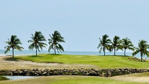 A golf course with a water hazard, palm trees, and a clear sky.