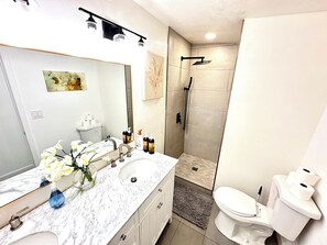 Hair dryer, towels, soap, toilet paper