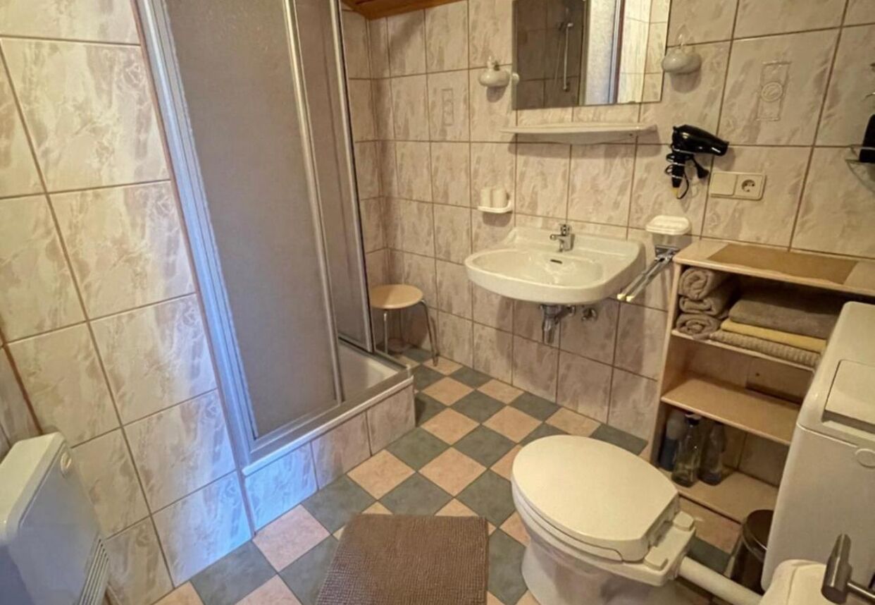 Shower, hair dryer, towels, toilet paper