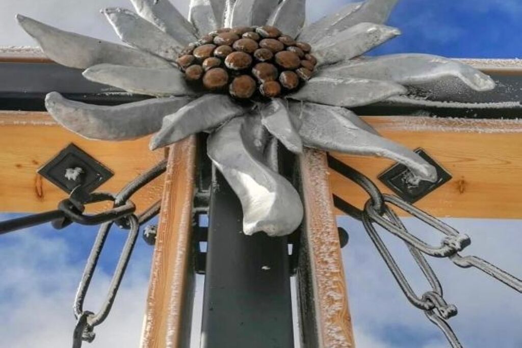 Eine Metallkonstruktion mit blumenartigem Design und Ketten.