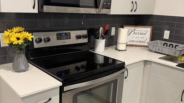 A modern kitchen with stainless steel appliances, white cabinetry, and a backsplash of dark tiles. - 2-bedroom apartment in wonderful SW Edmonton with WiFi, fitness equipment. (Edmonton)