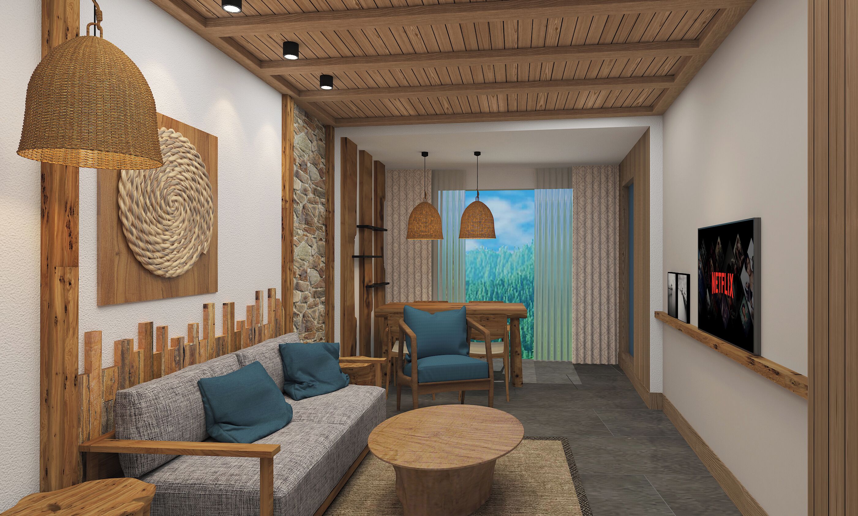 A modern living room with a sofa, chairs, a coffee table, and a TV displaying the Netflix logo.