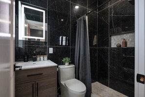 Douche, séchoir à cheveux, serviettes fournies, savon