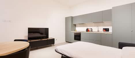 Une chambre moderne et compacte, équipée d’un lit, d’une télévision, d’un coin cuisine et d’un espace repas.