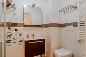 Shower, hair dryer, bidet, towels