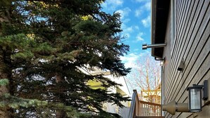 Une terrasse en bois avec une rambarde, qui mène à un bâtiment doté d’un toit en pente.
