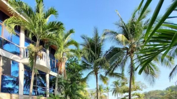 Una piscina rodeada de palmeras y un edificio con balcones.