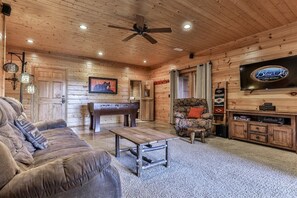 TV, fireplace, foosball, books