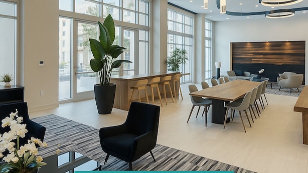 A modern conference room with a large table, chairs, and a potted plant. - Mid-rise Modern Lux loft In The City (Sacramento)